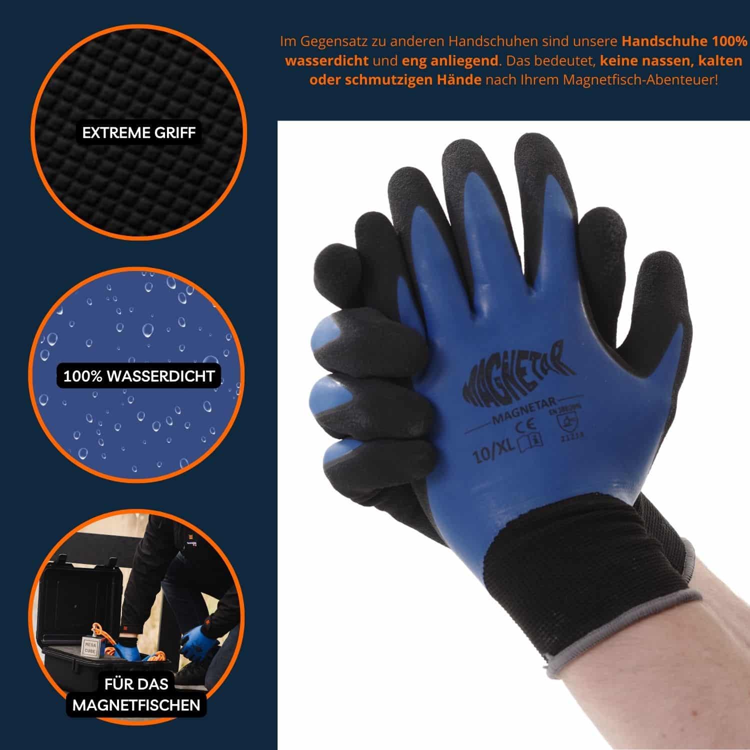 Wasserdichte Magnetfischer-Handschuhe mit extra Grip und Schutz, Produktfoto für sicheres Handling beim Magnetfischen.