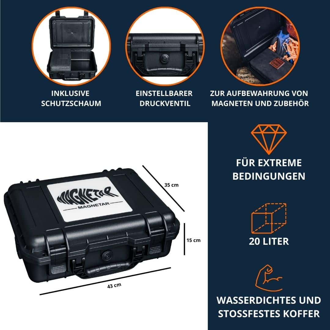 Wasserdichter und stoßfester Magnetar Schutzkoffer mit 20 Liter Volumen, ideal zur Aufbewahrung von Magneten und Zubehör.
